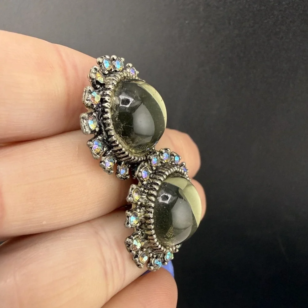 Vintage‎ Glass  Cufflinks Silver Tone Rhinestone AB